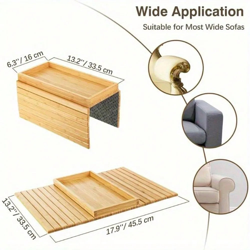 Bamboo Sofa Armrest Storage Tray Foldable Organizer for Couch Living Room Kitchen Snack Drink Remote Control Holder Space Saving