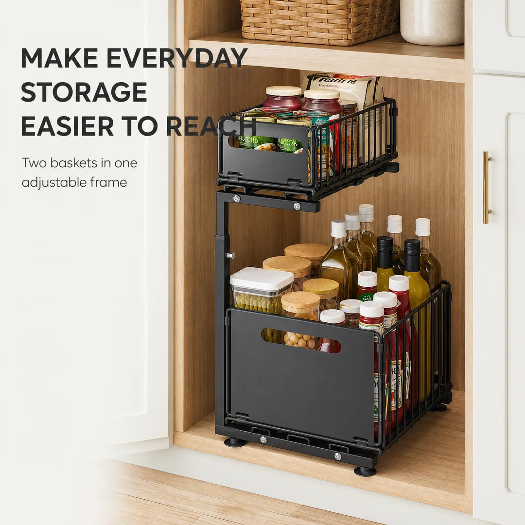 Adjustable Pull-Out Cabinet Organizer, 2-Basket Black Carbon Steel Storage Rack with 5 Height Positions for Kitchen Pantry and Countertop