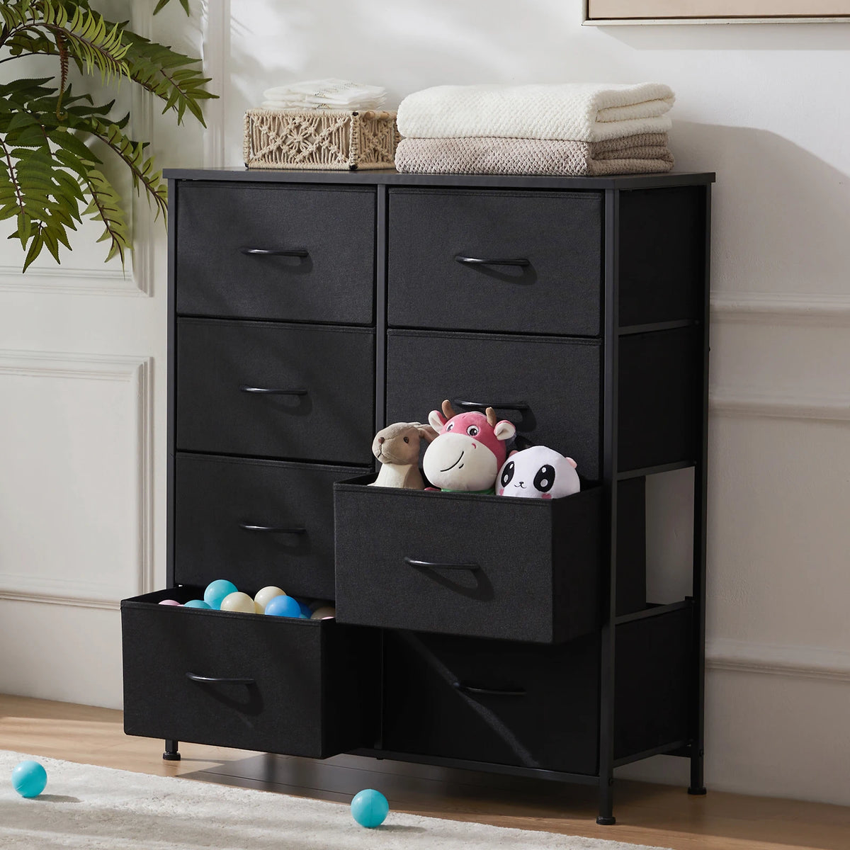 MCQ Fabric 5 Drawers Cabinet And Open Grid For Living Room Storage Cabinet Organizer with 2 Tier Shelf Beside Nightstand Dresser Tables Display Furniture