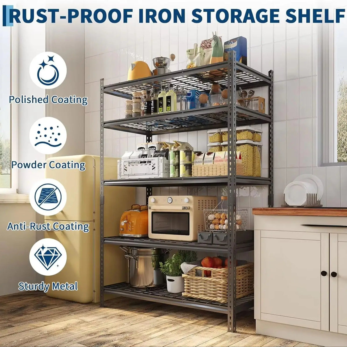 5 Tier Metal Shelving Unit 48x24x72 Inch, Heavy Duty Garage Storage Rack 2400 LBS Capacity, Adjustable Boltless Steel Shelf for Pantry Basement Workshop, Tool-Free Assembly, Black