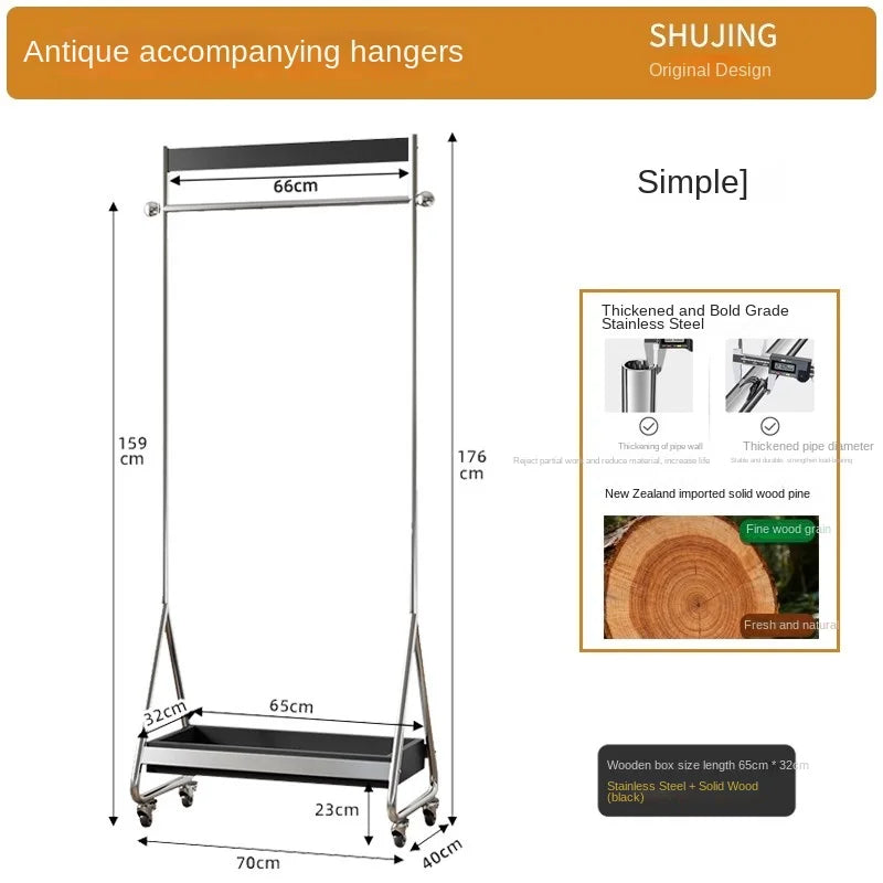 MOMO French Medieval Floor-Standing Hanger Movable Solid Wood & Stainless Steel Corner Coat Rack for Home Bedroom Storage