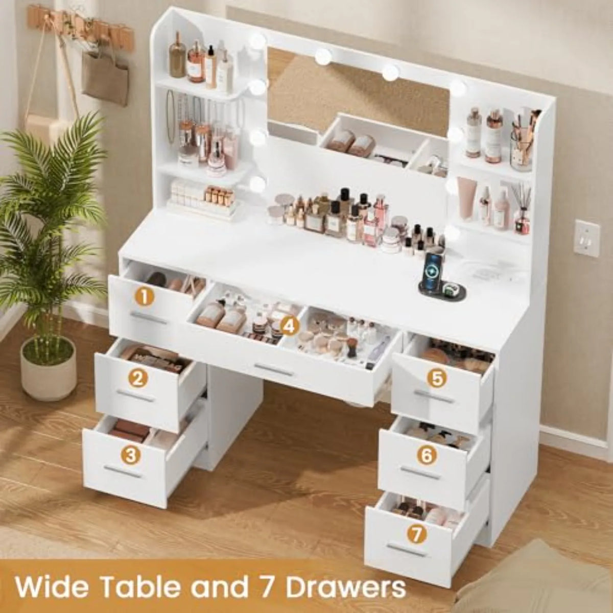 Large Makeup Vanity Desk with LED Mirror and Power Outlet, 7 Drawers and 4 Shelves for Bedroom Storage