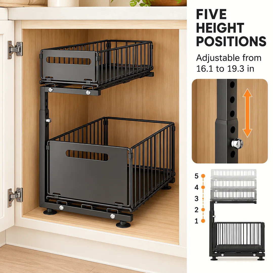 Adjustable Pull-Out Cabinet Organizer, 2-Basket Black Carbon Steel Storage Rack with 5 Height Positions for Kitchen Pantry and Countertop