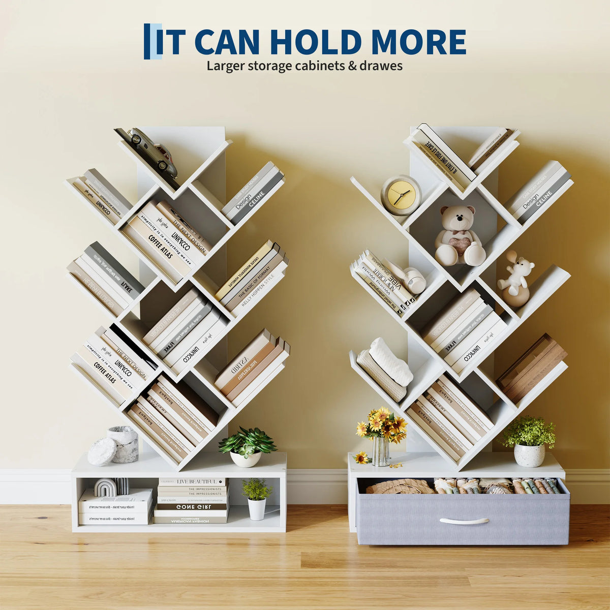 Tree Bookshelf with LED Lights, 7-Tier Bookcase with Fabric Drawer, Narrow Industrial Floor Standing Storage Rack for Small Spaces, Living Room, Bedroom, Home Office,