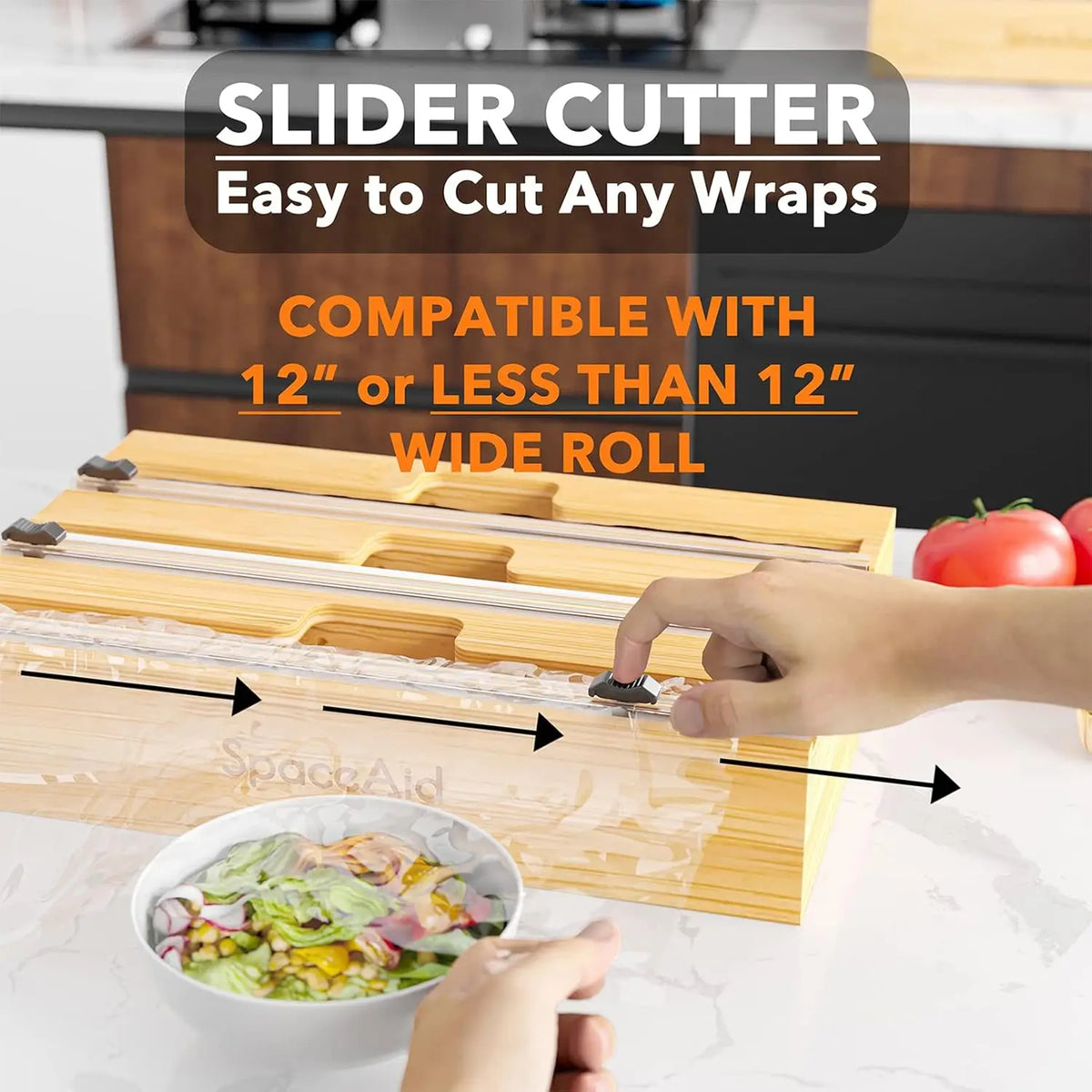 Plastic Wrap Dispenser with Cutter Wooden Organizer Kitchen Storage for Aluminum Foil, Plastic Wrap and Wax Paper, Fits 12" Roll