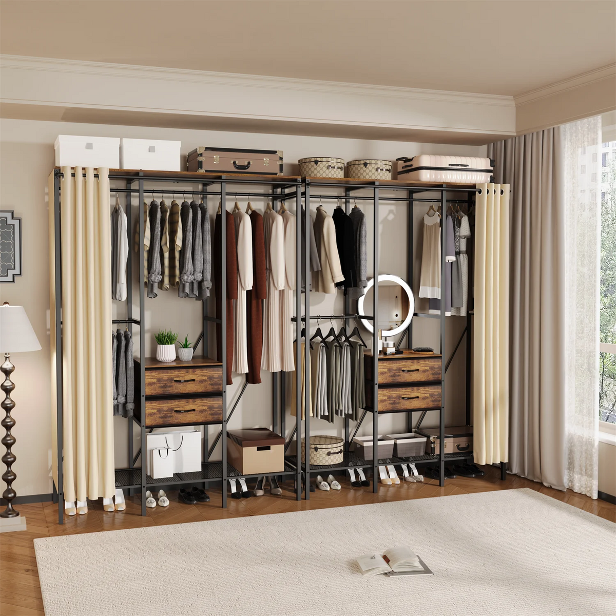 Industrial Coat Rack Stand, Open Wardrobe, Clothes Rail with 2 Drawer and Shelves, Bedroom Storage, Hanging Bar, XXL
