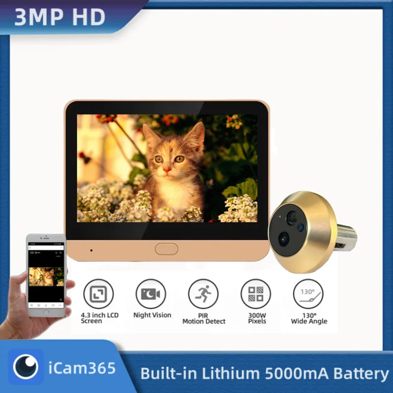 ICam365 Wireless Door Peephole Video Viewer with One-Way Audio 3MP 2.4G WiFi Home Security Camera with Screen for Home Safety