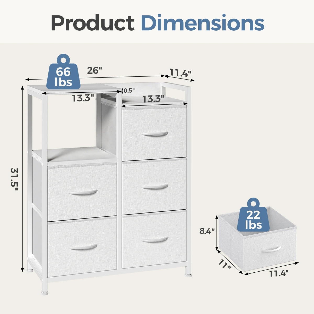 MCQ Fabric 5 Drawers Cabinet And Open Grid For Living Room Storage Cabinet Organizer with 2 Tier Shelf Beside Nightstand Dresser Tables Display Furniture
