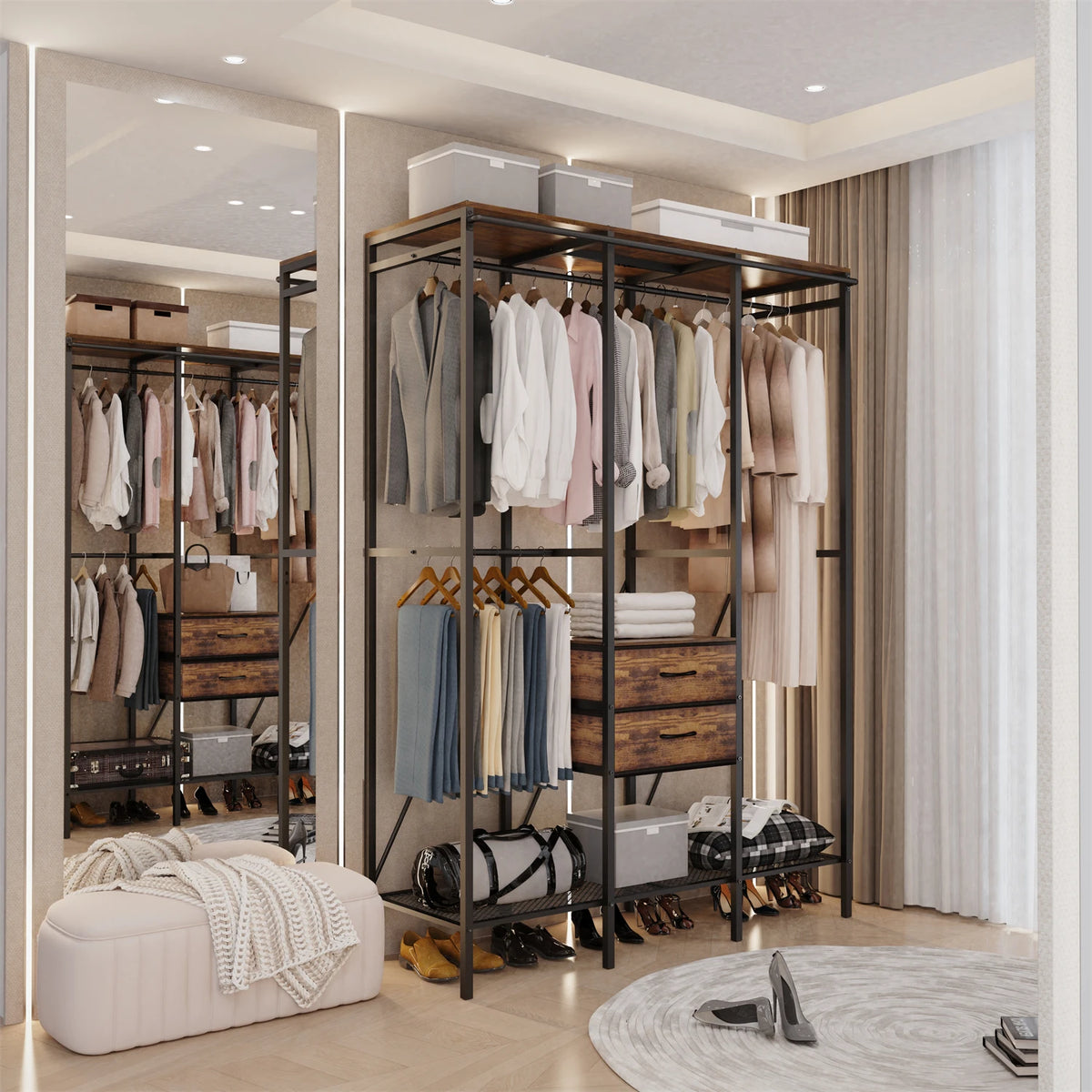 Industrial Coat Rack Stand, Open Wardrobe, Clothes Rail with 2 Drawer and Shelves, Bedroom Storage, Hanging Bar, XXL