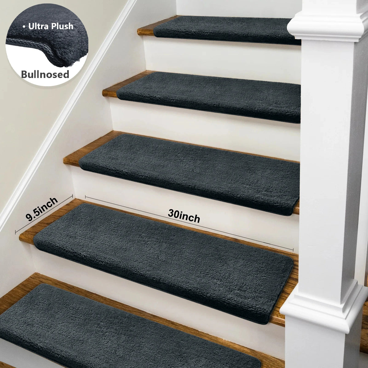 Bullnose Non-Slip Stair Treads -Ultra Plush- Washable Self-Adhesive Carpet Mats, Safety for Elderly & Pets, Peel & Stick Decor