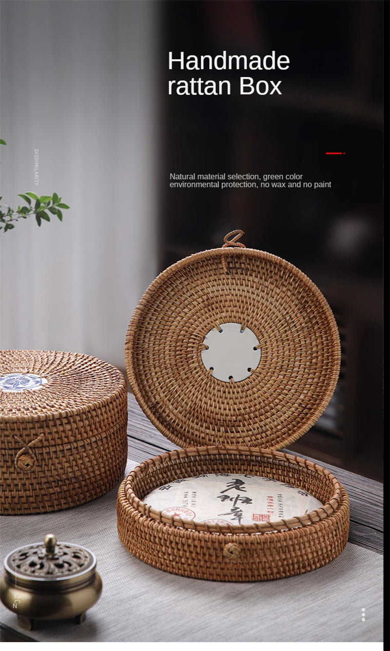 Handwoven Rattan Storage Box With Lid Wicker Tea Food Container Picnic Bread Fruit Cake Basket Ornament Box Kitchen Organizer