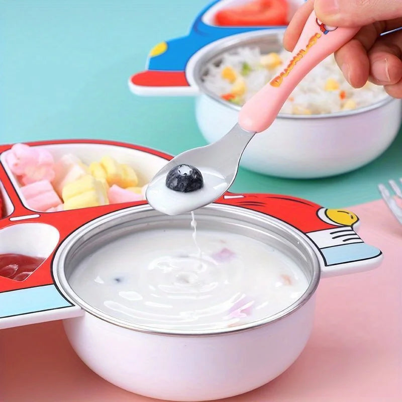 Korean Style Love Beetle Car Shaped Meal Plate with Cover Divided Tableware Stainless Steel Anti Drop Children's Plate Sets