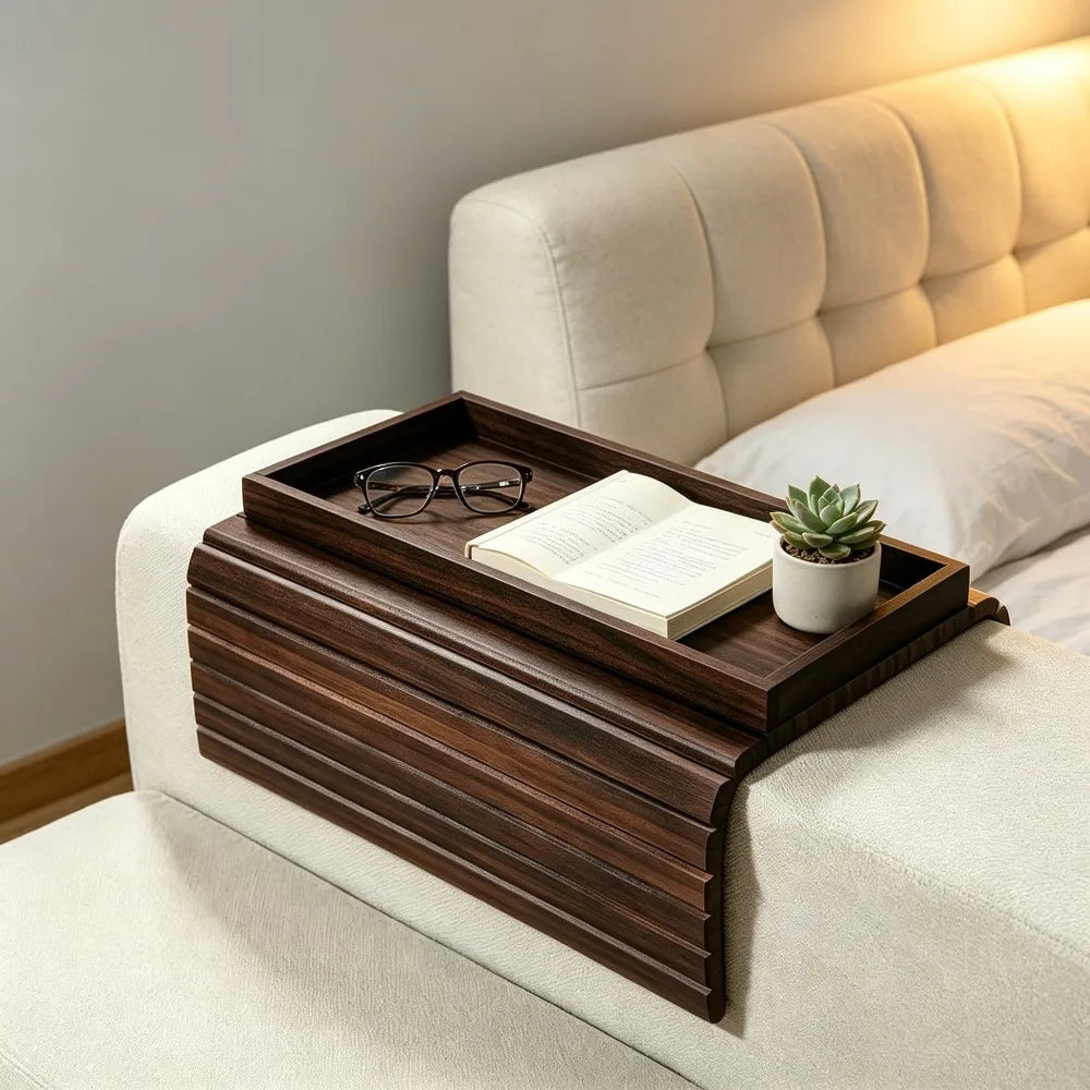 Bamboo Sofa Armrest Storage Tray Foldable Organizer for Couch Living Room Kitchen Snack Drink Remote Control Holder Space Saving