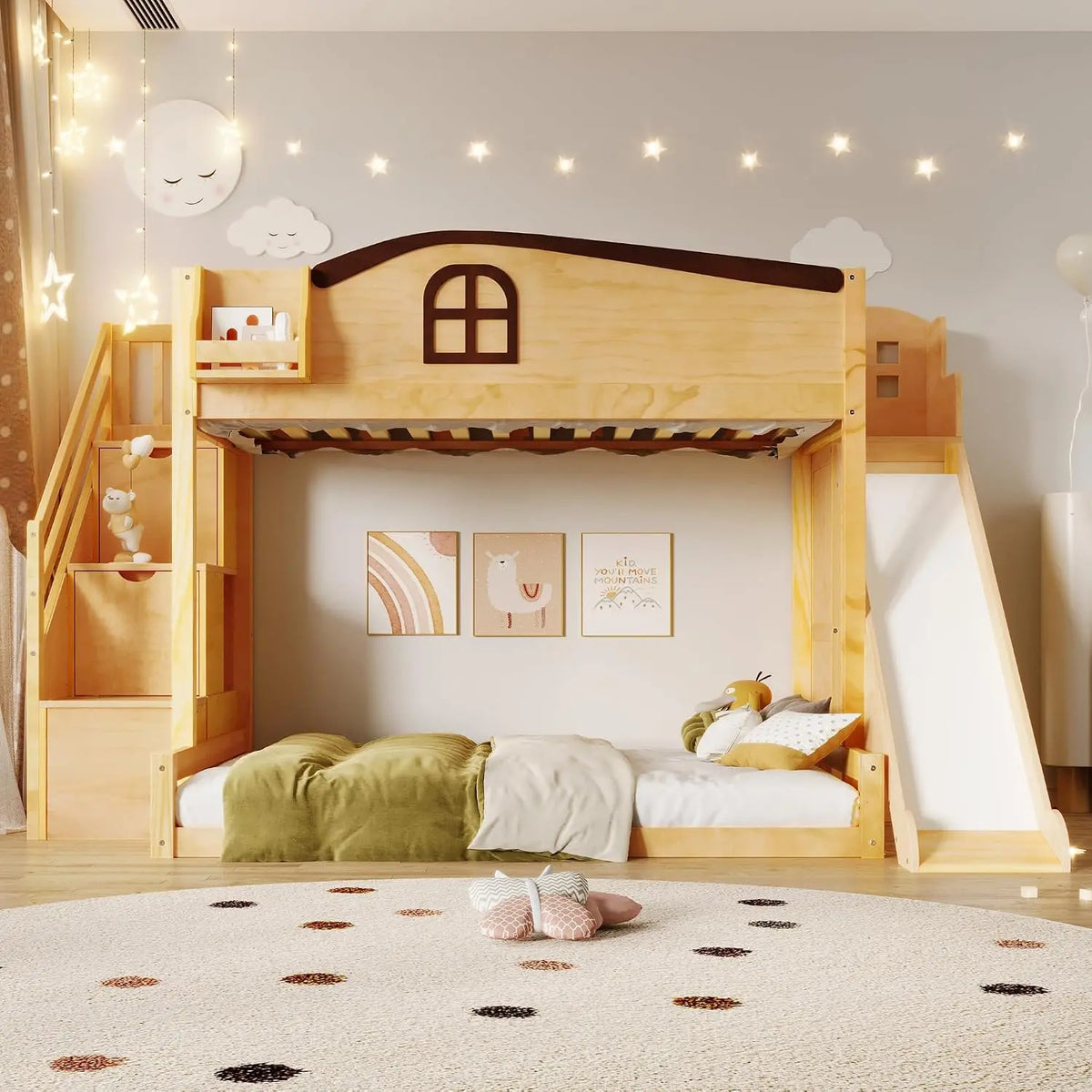 Bunk Bed with Storage Staircase and Slide (White-S-, Twin Over Full) | Ample Storage Shelf,No Box Spring, Customized