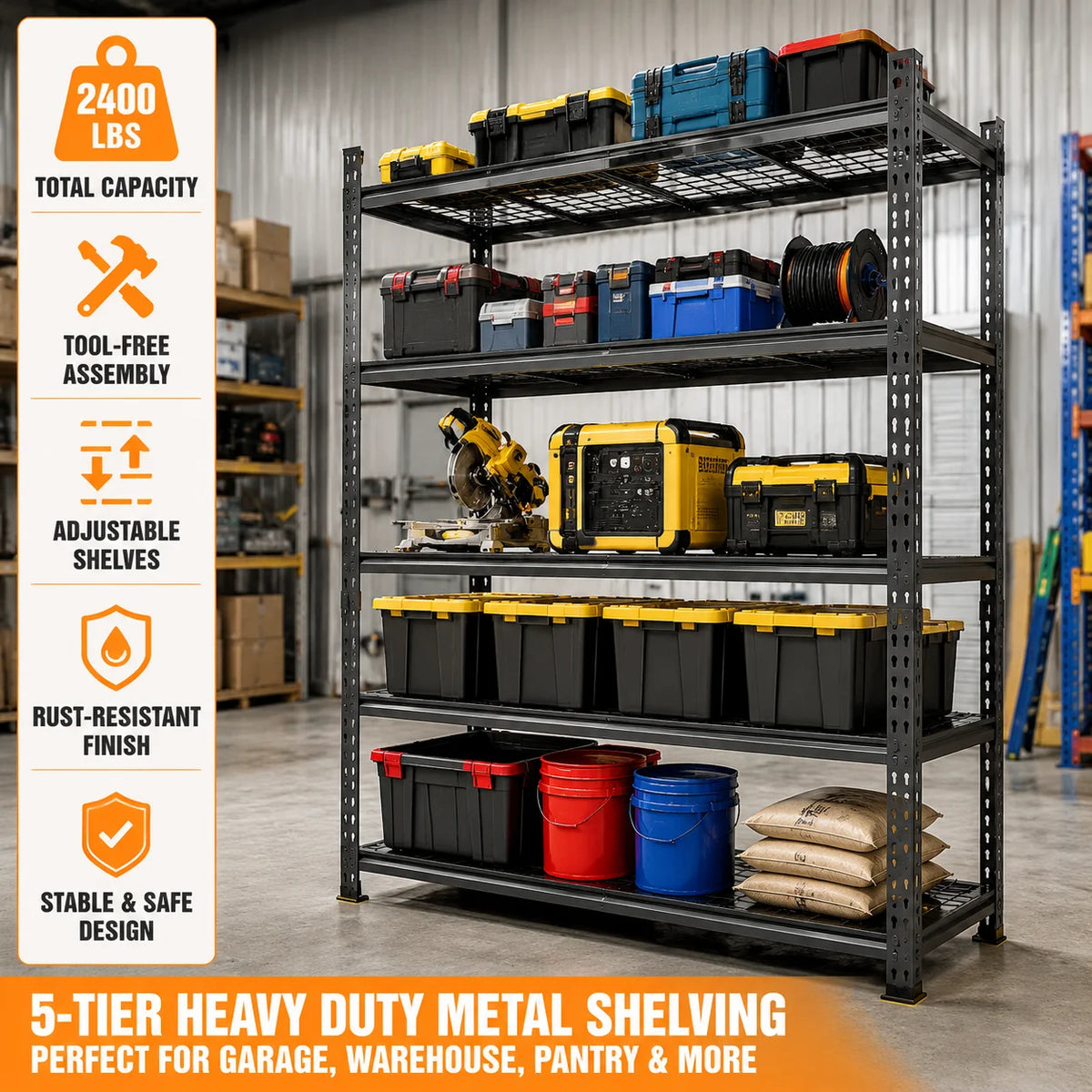 5 Tier Metal Shelving Unit 48x24x72 Inch, Heavy Duty Garage Storage Rack 2400 LBS Capacity, Adjustable Boltless Steel Shelf for Pantry Basement Workshop, Tool-Free Assembly, Black