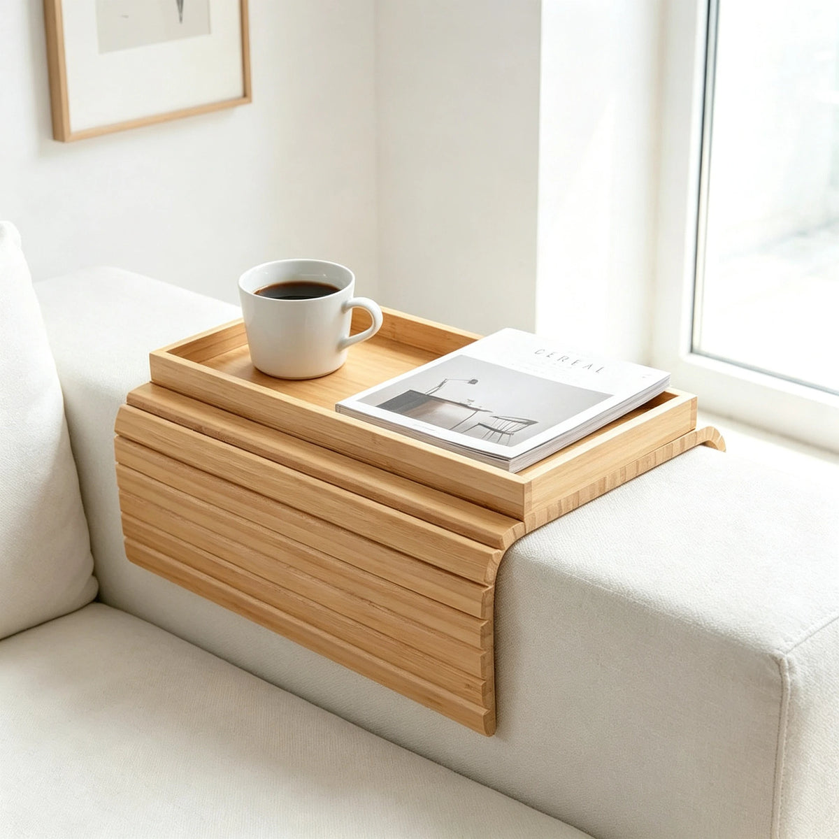Bamboo Sofa Armrest Storage Tray Foldable Organizer for Couch Living Room Kitchen Snack Drink Remote Control Holder Space Saving