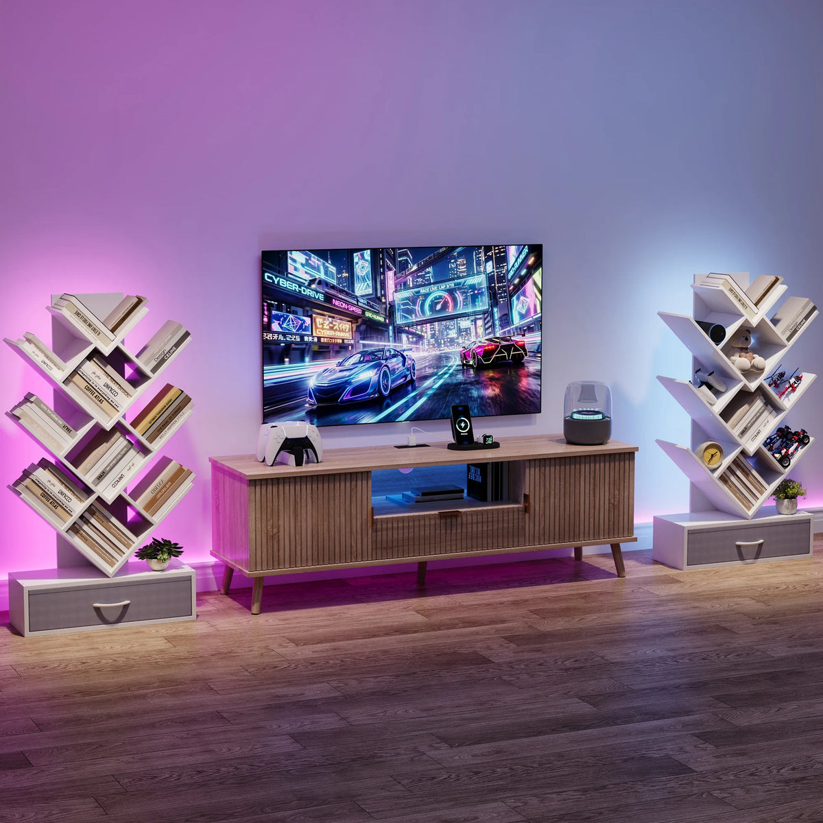Tree Bookshelf with LED Lights, 7-Tier Bookcase with Fabric Drawer, Narrow Industrial Floor Standing Storage Rack for Small Spaces, Living Room, Bedroom, Home Office,