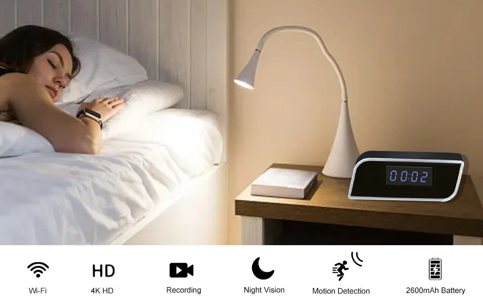 4K Smart Clock Camera with WiFi, Motion Detection, Night Vision, Remote Viewing, SD Card Storage – Home Security & Baby Monitor