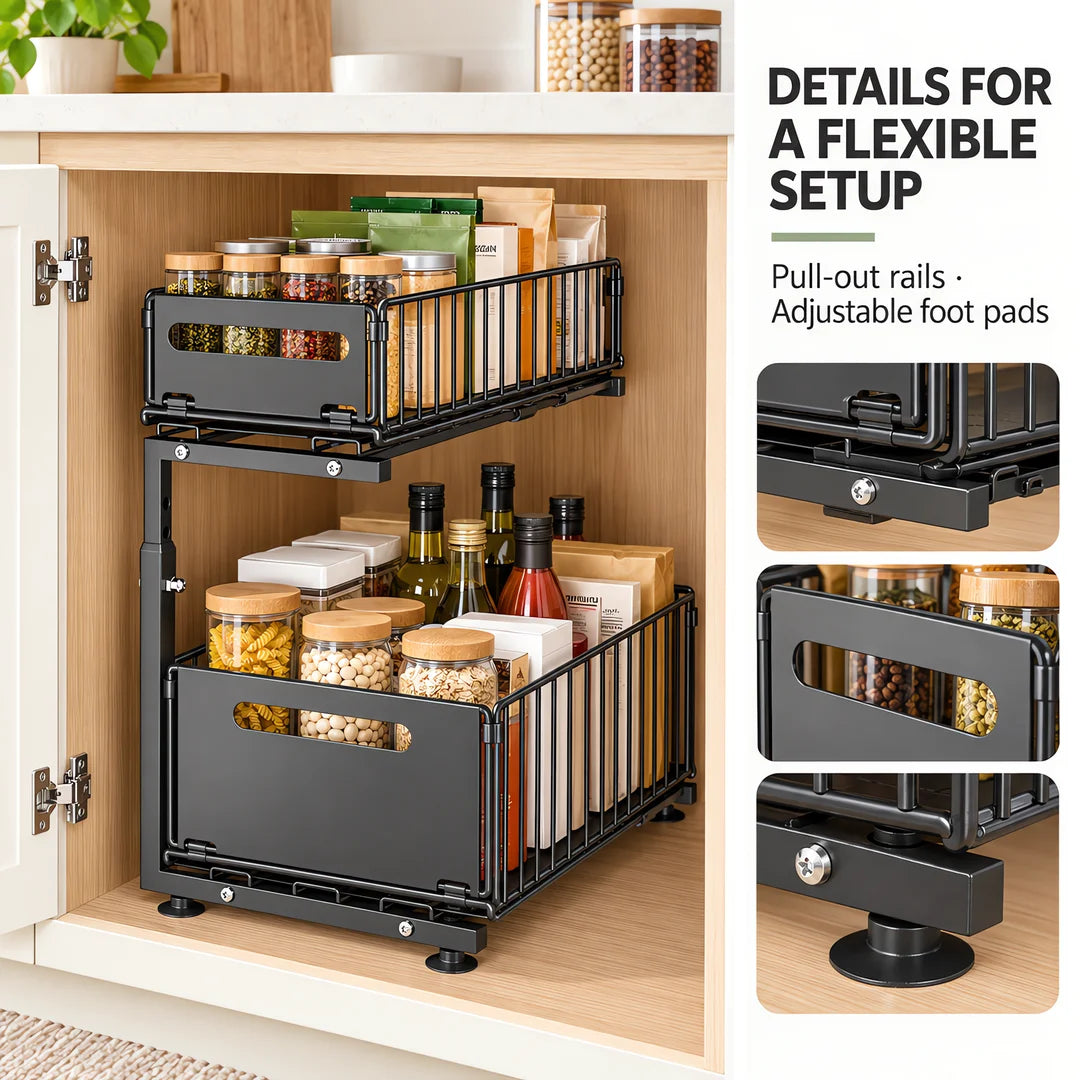 Adjustable Pull-Out Cabinet Organizer, 2-Basket Black Carbon Steel Storage Rack with 5 Height Positions for Kitchen Pantry and Countertop