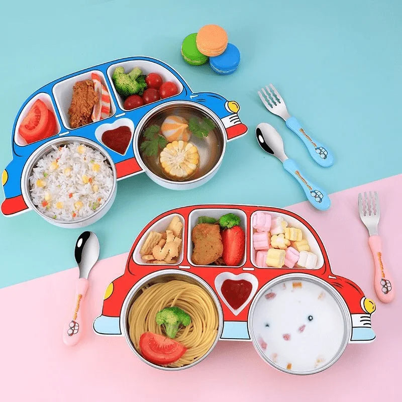 Korean Style Love Beetle Car Shaped Meal Plate with Cover Divided Tableware Stainless Steel Anti Drop Children's Plate Sets