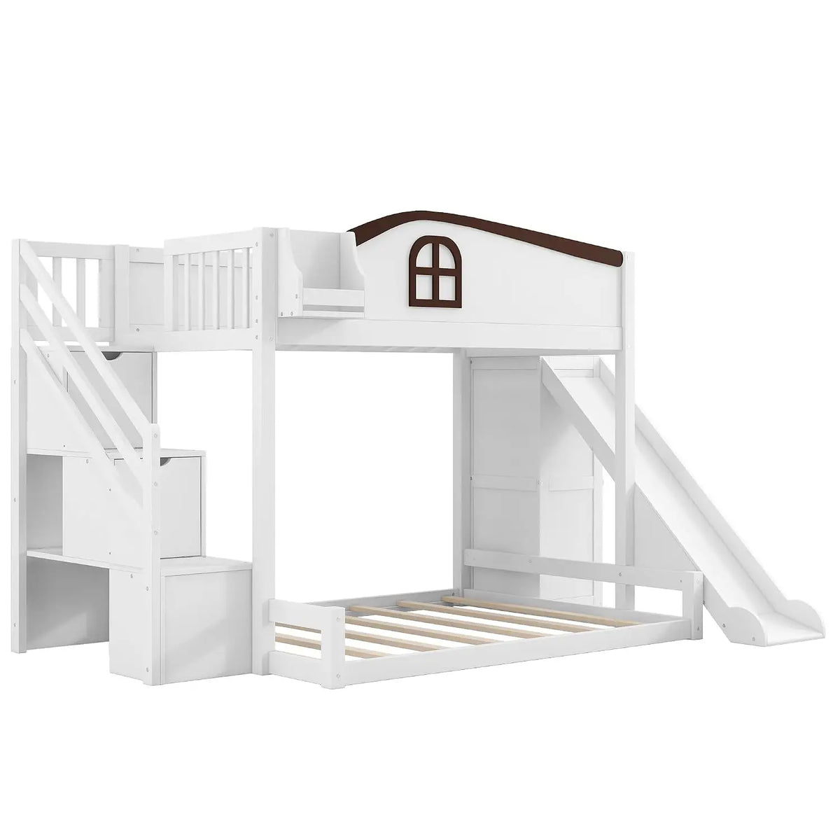 Bunk Bed with Storage Staircase and Slide (White-S-, Twin Over Full) | Ample Storage Shelf,No Box Spring, Customized