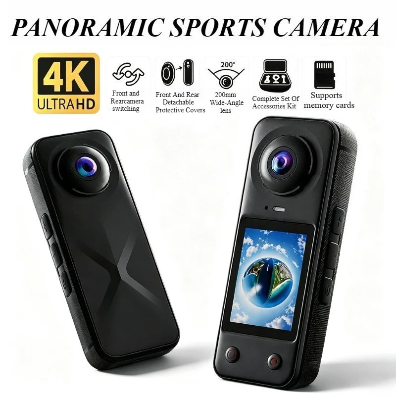 4K HD Panoramic Action Camera Front & Rear Dual Lens 200° Wide‑Angle 2.0'' Screen Handheld Camcorder Outdoor Sports Vlog Cameras