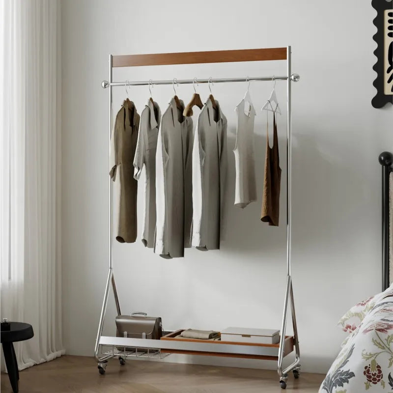 MOMO French Medieval Floor-Standing Hanger Movable Solid Wood & Stainless Steel Corner Coat Rack for Home Bedroom Storage