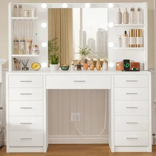 Large Makeup Vanity Desk with LED Mirror and Power Outlet, 7 Drawers and 4 Shelves for Bedroom Storage