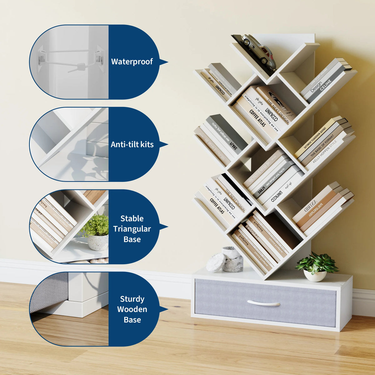 Tree Bookshelf with LED Lights, 7-Tier Bookcase with Fabric Drawer, Narrow Industrial Floor Standing Storage Rack for Small Spaces, Living Room, Bedroom, Home Office,