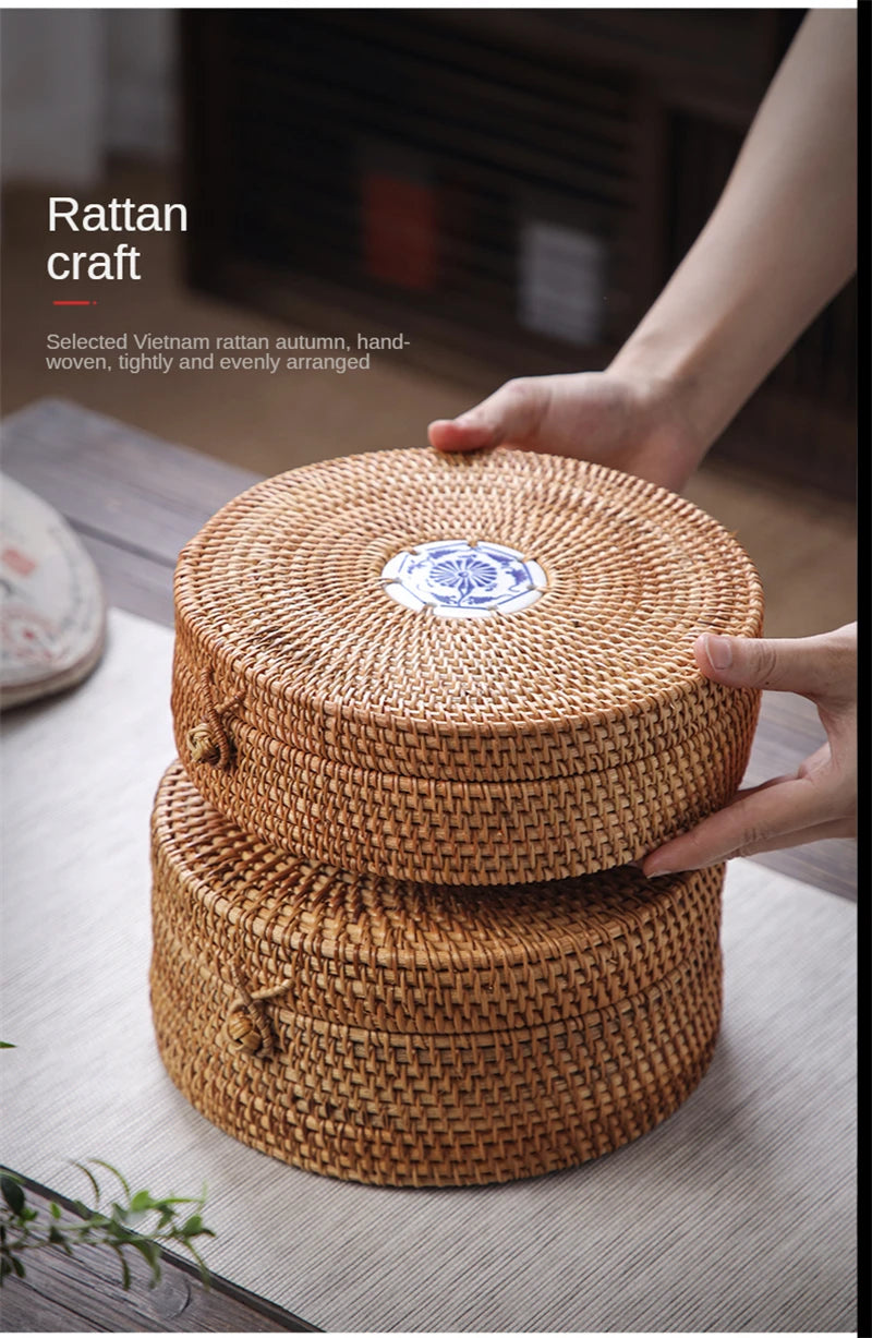 Handwoven Rattan Storage Box With Lid Wicker Tea Food Container Picnic Bread Fruit Cake Basket Ornament Box Kitchen Organizer