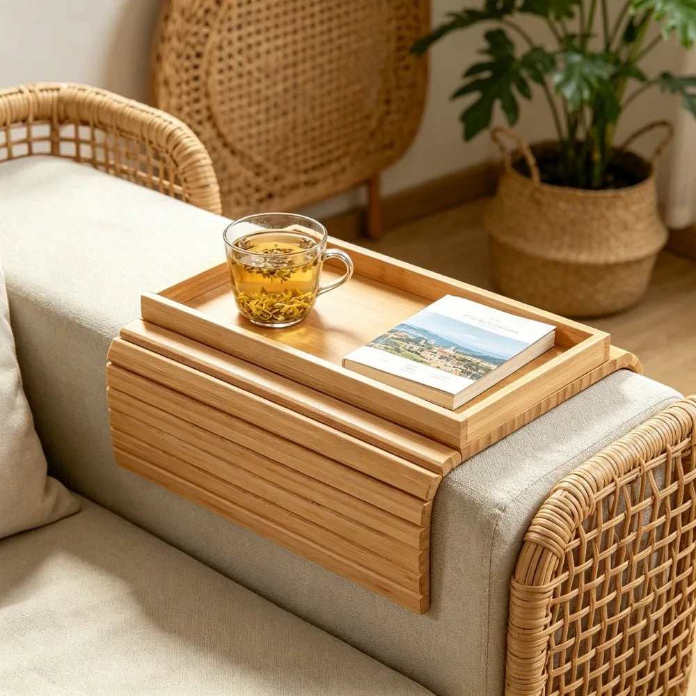 Bamboo Sofa Armrest Storage Tray Foldable Organizer for Couch Living Room Kitchen Snack Drink Remote Control Holder Space Saving