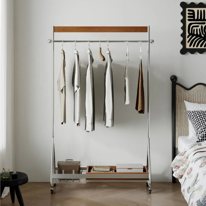 MOMO French Medieval Floor-Standing Hanger Movable Solid Wood & Stainless Steel Corner Coat Rack for Home Bedroom Storage