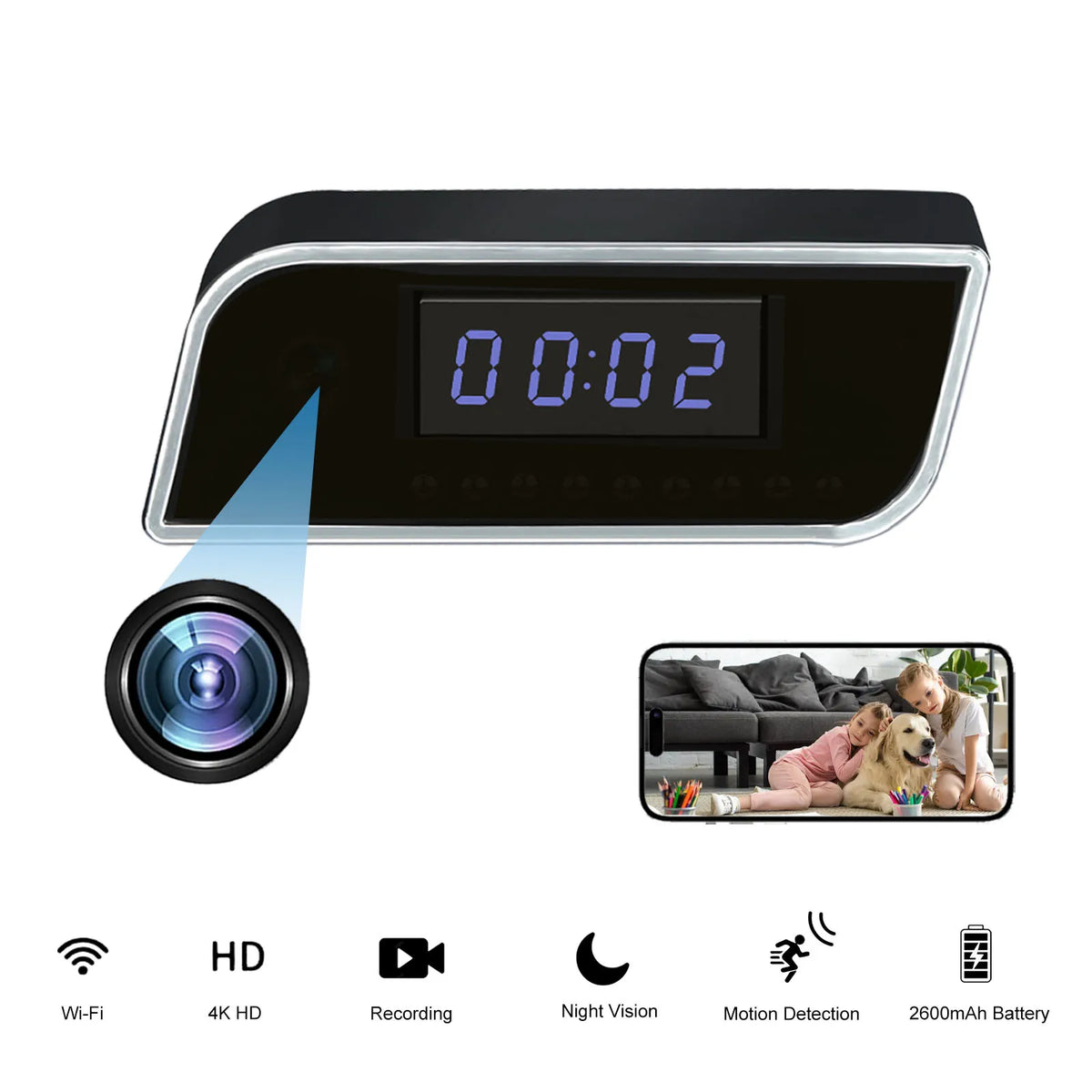 4K Smart Clock Camera with WiFi, Motion Detection, Night Vision, Remote Viewing, SD Card Storage – Home Security & Baby Monitor