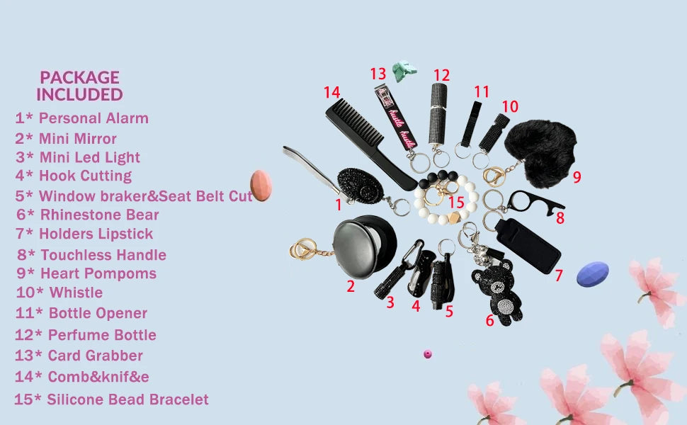 15Pcs/Set Rhinestone Self Defense Women Keychains Personal Safety Multifunction Protection Keychains With Alarm Mirror Pompoms