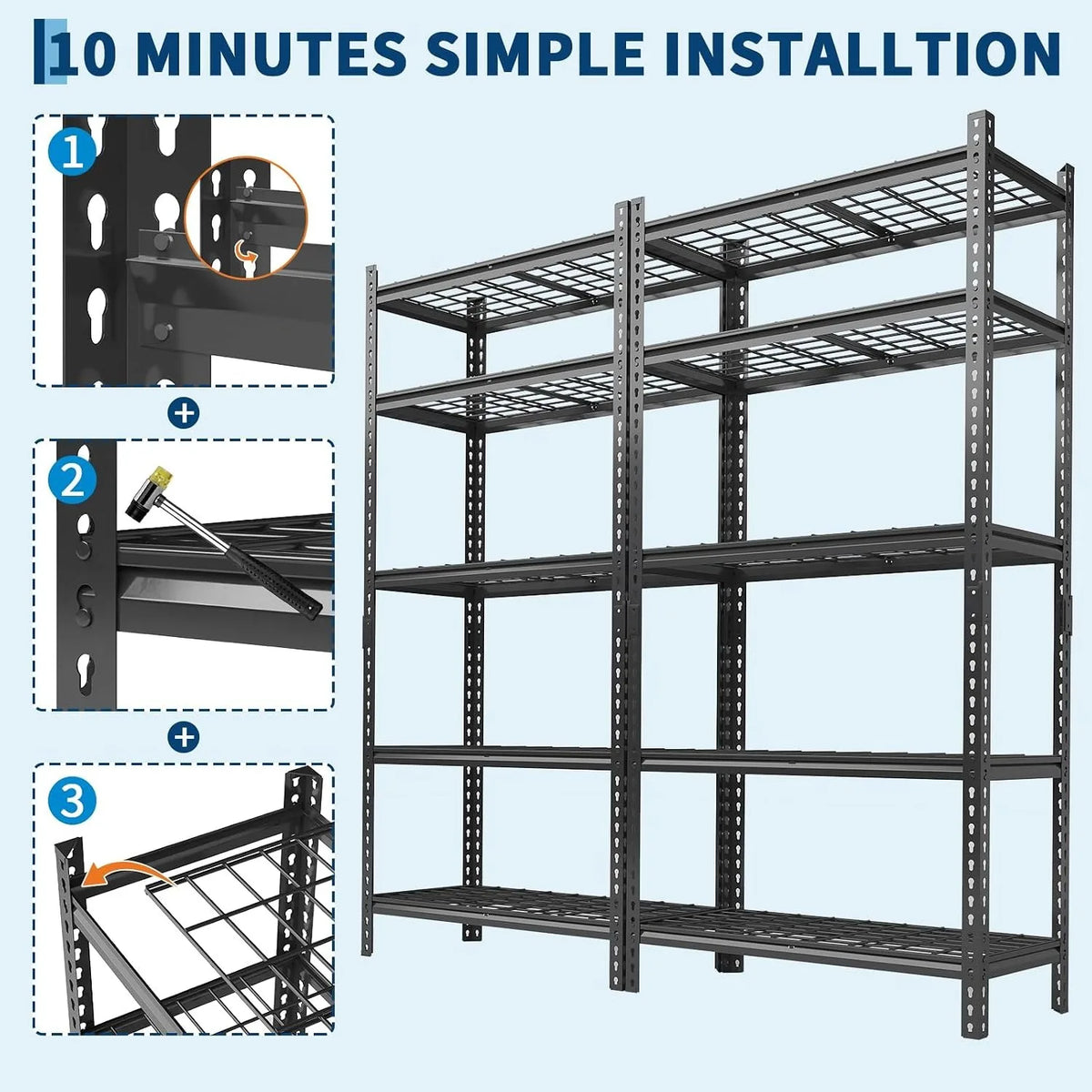 5 Tier Metal Shelving Unit 48x24x72 Inch, Heavy Duty Garage Storage Rack 2400 LBS Capacity, Adjustable Boltless Steel Shelf for Pantry Basement Workshop, Tool-Free Assembly, Black