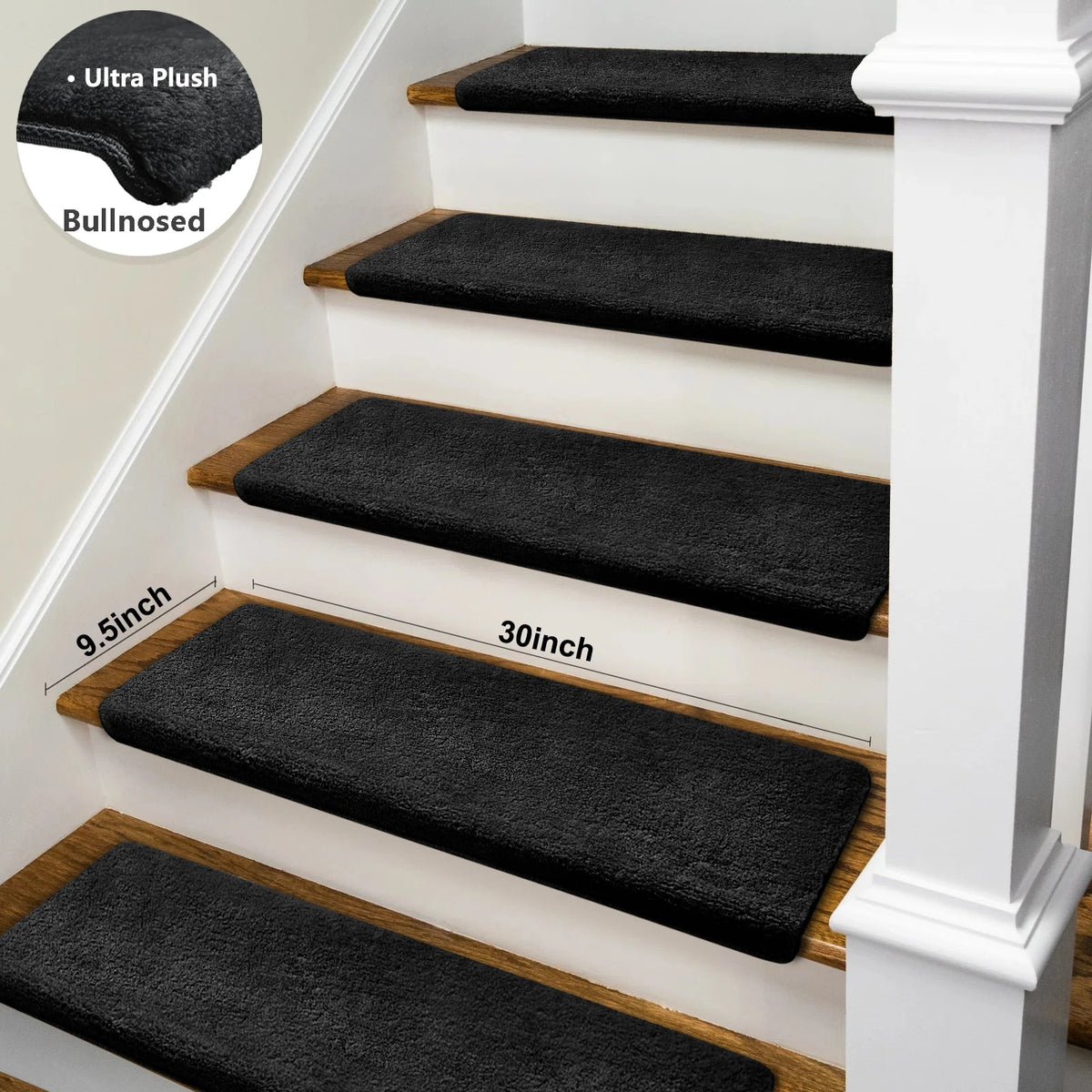 Bullnose Non-Slip Stair Treads -Ultra Plush- Washable Self-Adhesive Carpet Mats, Safety for Elderly & Pets, Peel & Stick Decor