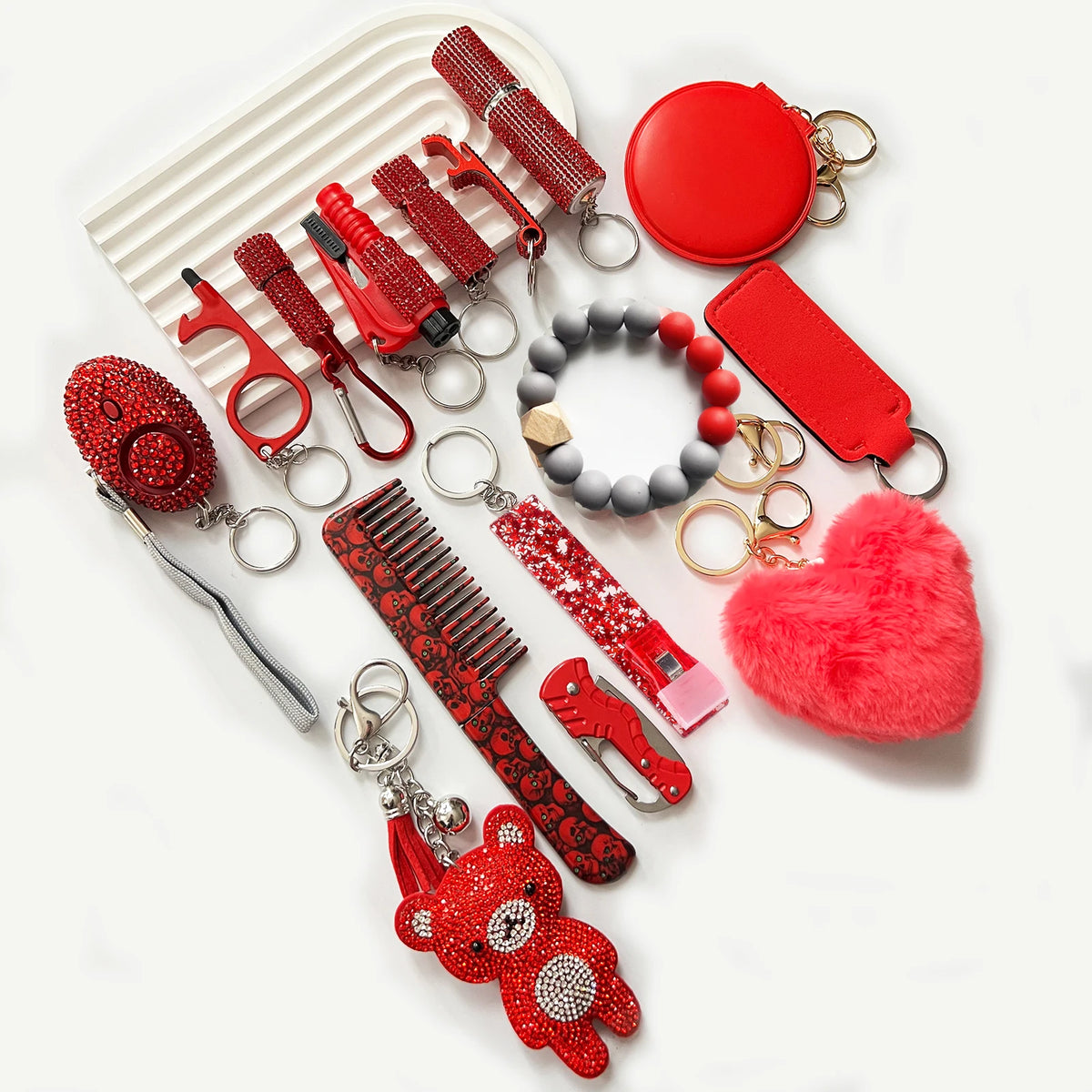 15Pcs/Set Rhinestone Self Defense Women Keychains Personal Safety Multifunction Protection Keychains With Alarm Mirror Pompoms