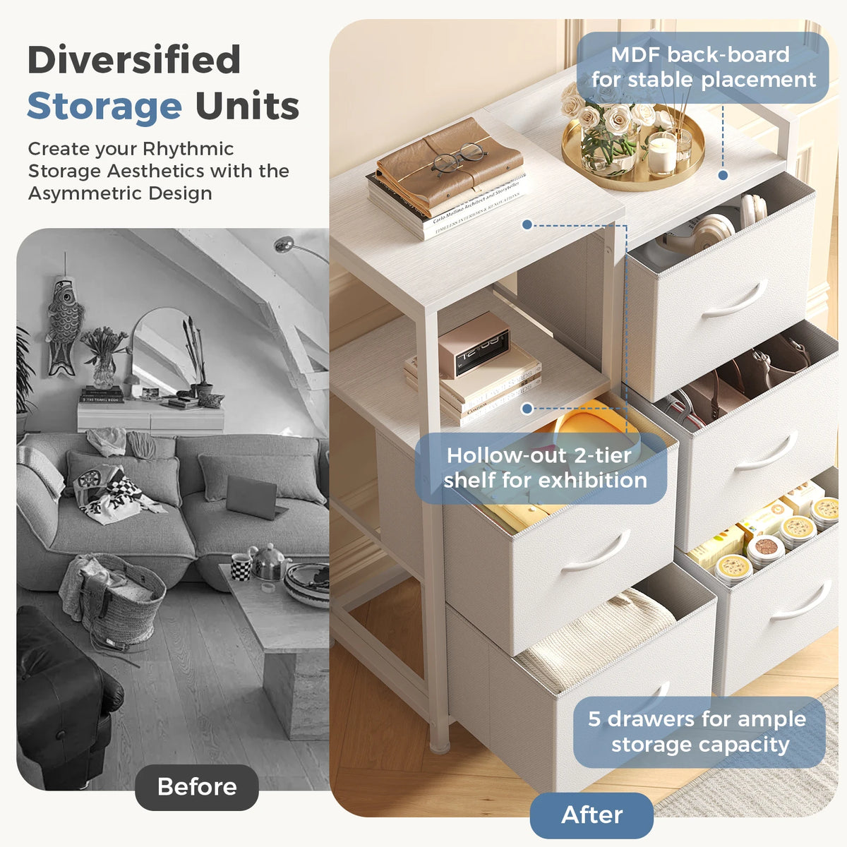MCQ Fabric 5 Drawers Cabinet And Open Grid For Living Room Storage Cabinet Organizer with 2 Tier Shelf Beside Nightstand Dresser Tables Display Furniture