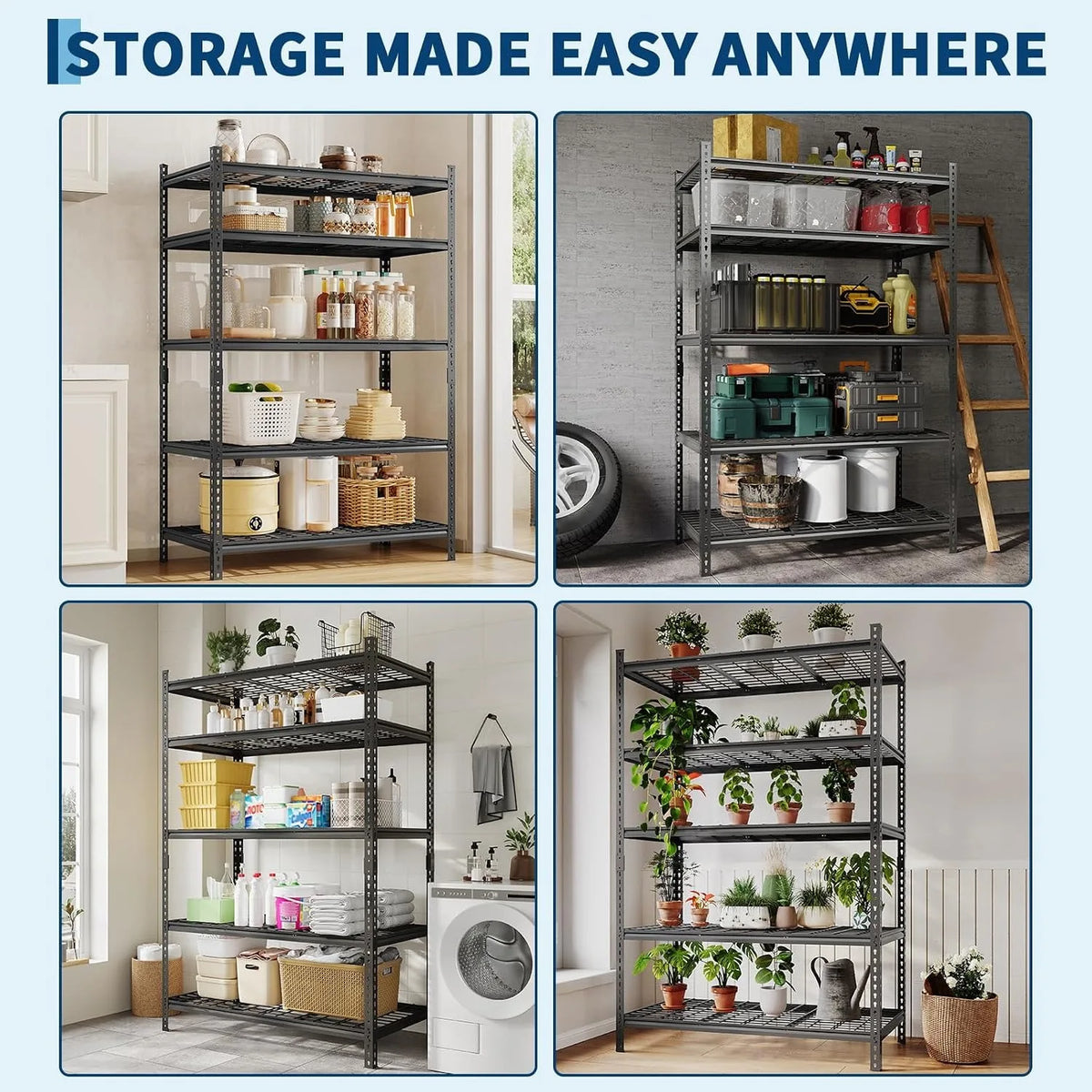 5 Tier Metal Shelving Unit 48x24x72 Inch, Heavy Duty Garage Storage Rack 2400 LBS Capacity, Adjustable Boltless Steel Shelf for Pantry Basement Workshop, Tool-Free Assembly, Black
