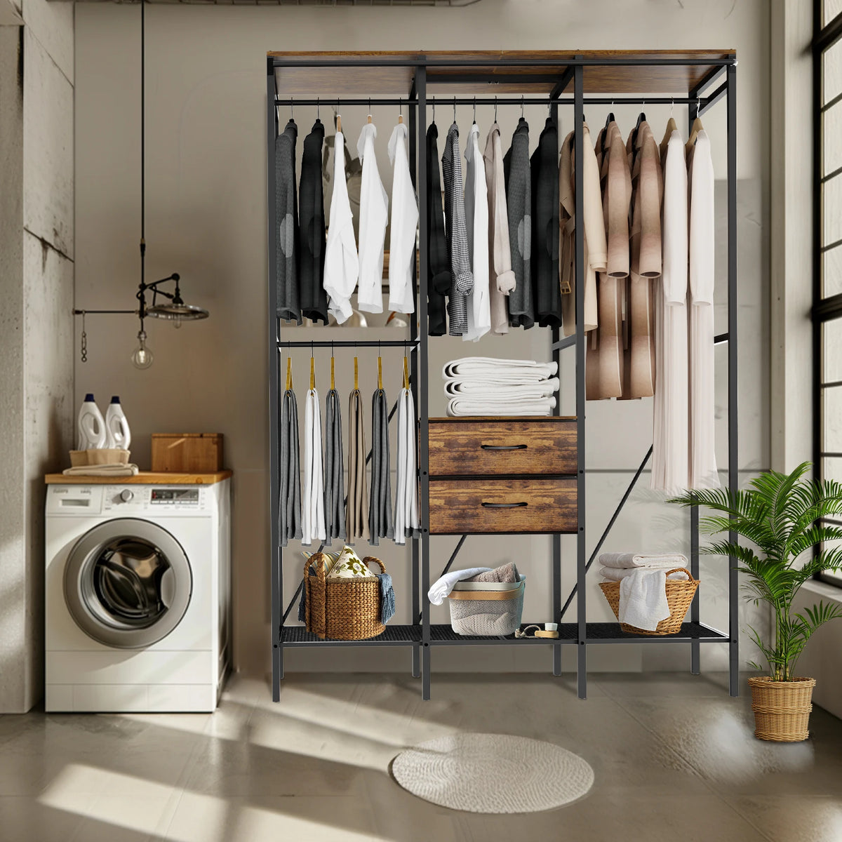 Industrial Coat Rack Stand, Open Wardrobe, Clothes Rail with 2 Drawer and Shelves, Bedroom Storage, Hanging Bar, XXL