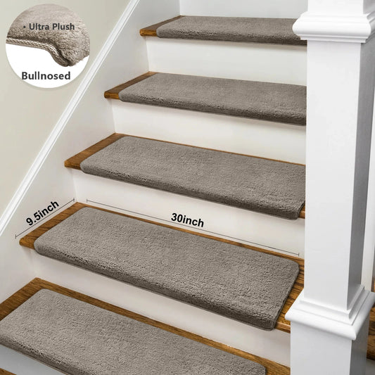 Bullnose Non-Slip Stair Treads -Ultra Plush- Washable Self-Adhesive Carpet Mats, Safety for Elderly & Pets, Peel & Stick Decor
