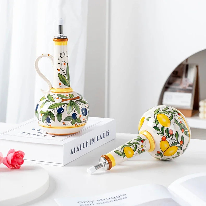Hand-Painted Ceramic Oil Bottle Kitchen Storage Nordic Vinegar Oil Dispenser Cooking Utensil for Home Use Kitchen Seasoning Jar