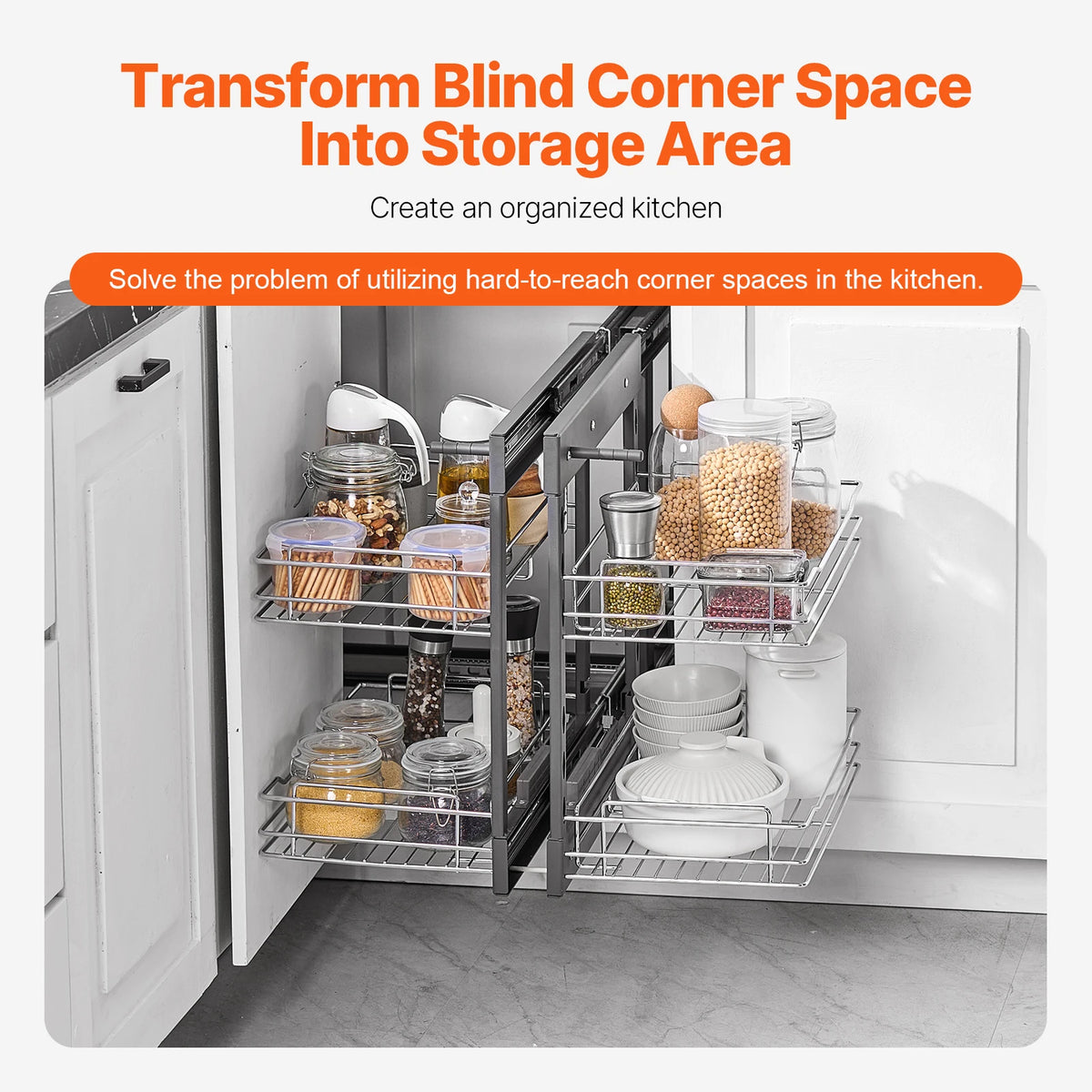 SucceBuy 2/3Tier Opening Blind Corner Pull Out Organizer 4 Shelf Kitchen Cabinet Organizer Slide Out Storage Organizer Basket