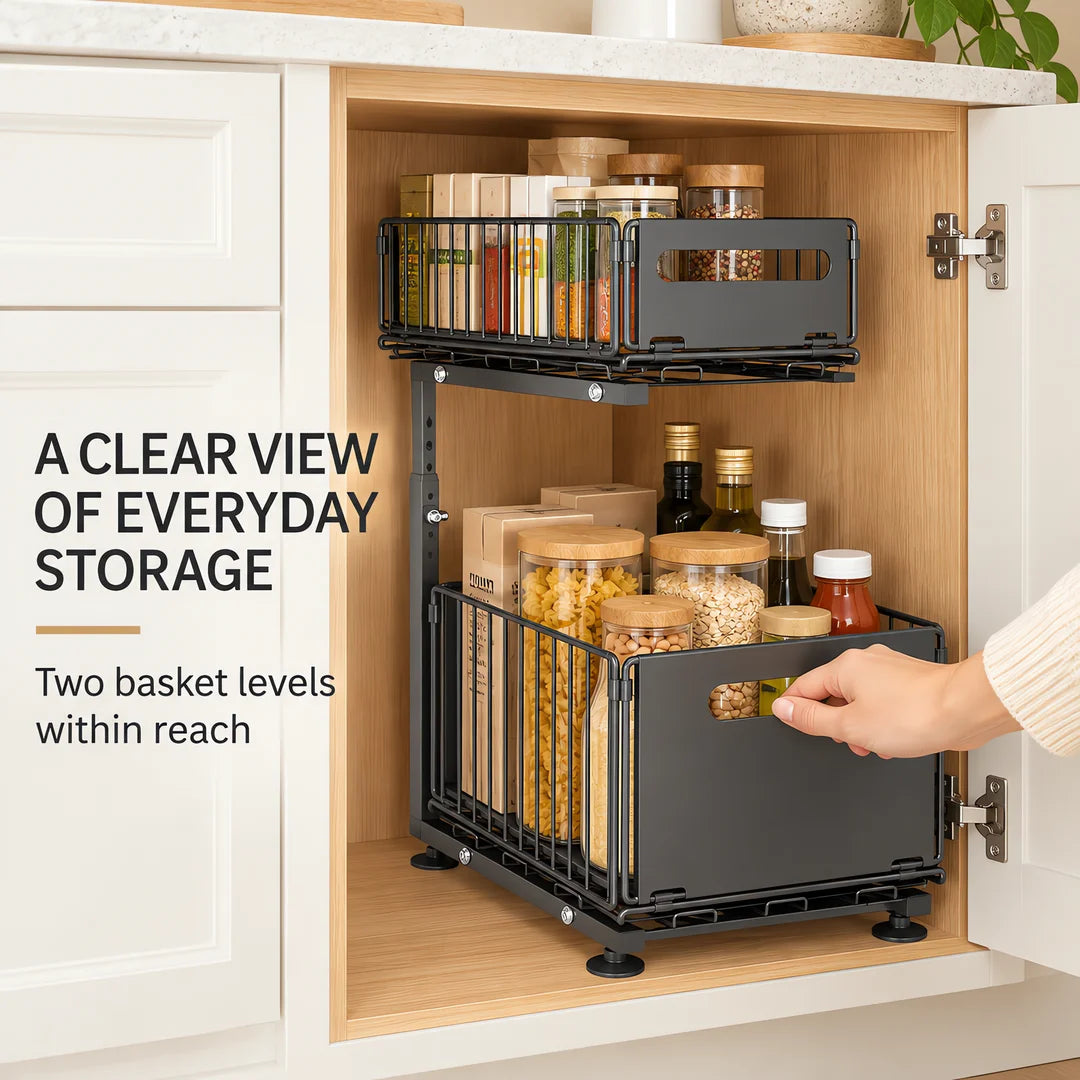 Adjustable Pull-Out Cabinet Organizer, 2-Basket Black Carbon Steel Storage Rack with 5 Height Positions for Kitchen Pantry and Countertop