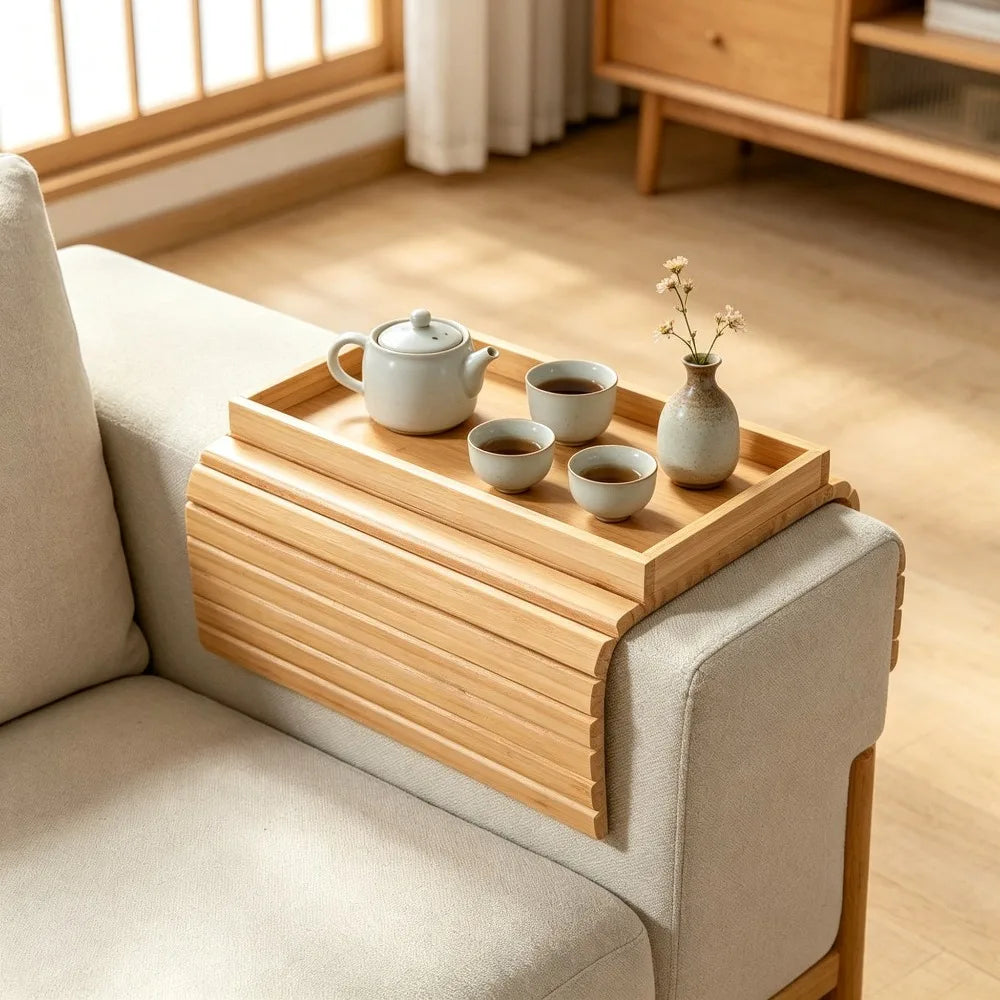 Bamboo Sofa Armrest Storage Tray Foldable Organizer for Couch Living Room Kitchen Snack Drink Remote Control Holder Space Saving