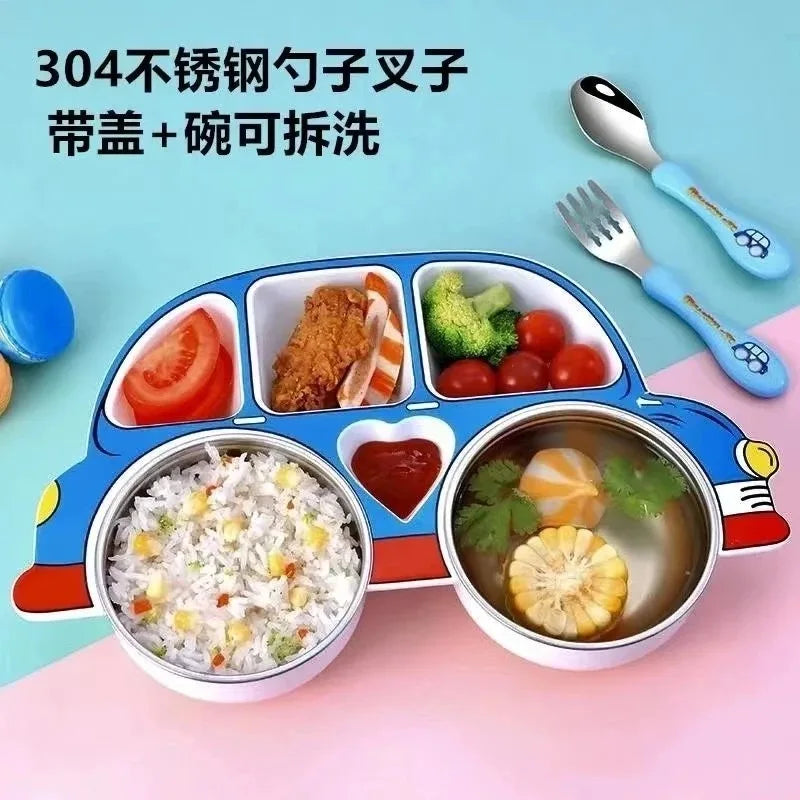 Korean Style Love Beetle Car Shaped Meal Plate with Cover Divided Tableware Stainless Steel Anti Drop Children's Plate Sets