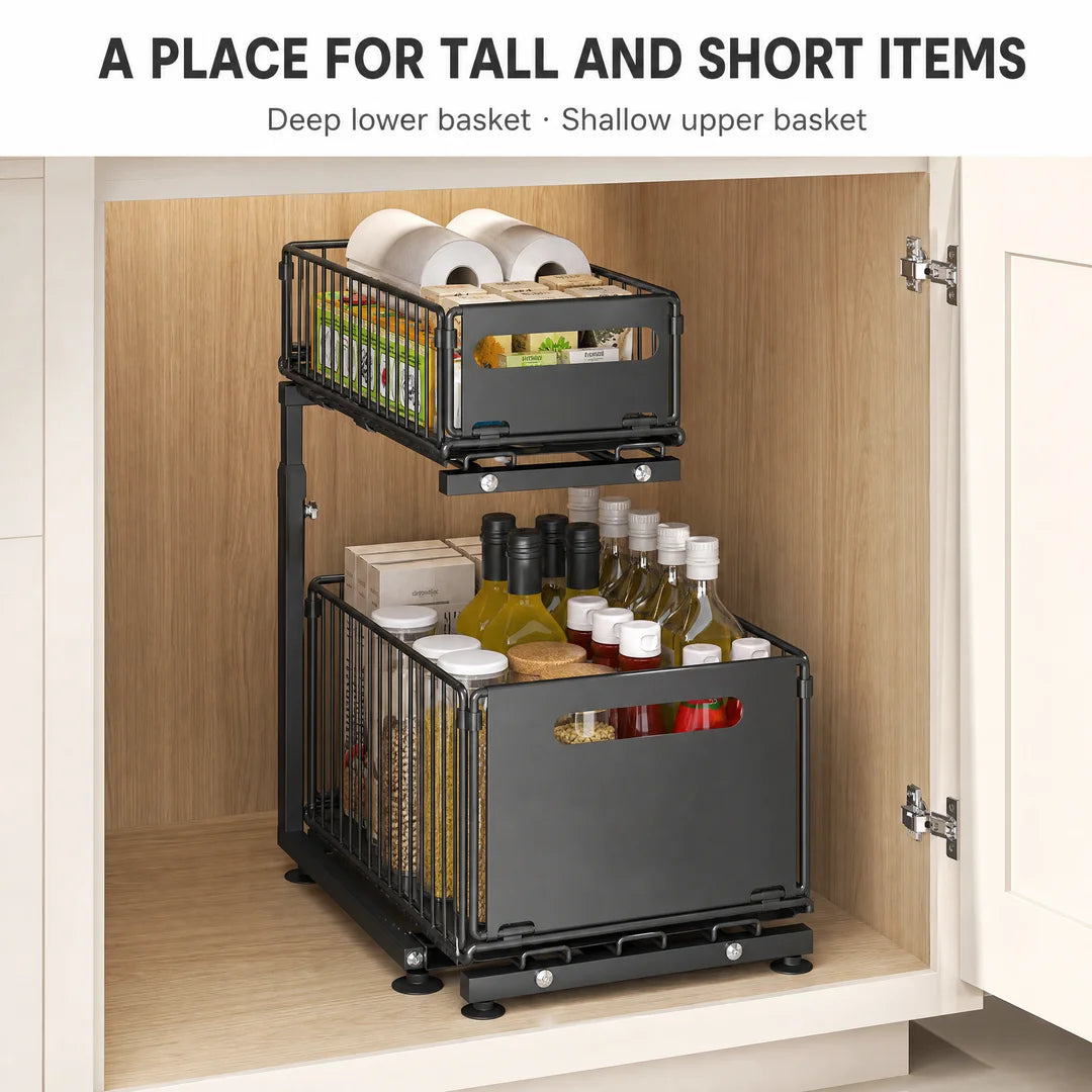Adjustable Pull-Out Cabinet Organizer, 2-Basket Black Carbon Steel Storage Rack with 5 Height Positions for Kitchen Pantry and Countertop